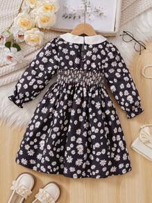 Young Girl' Cute Floral Print Ruffle Collar Lantern Sleeve Dress, Spring/Fall - Black - View 2