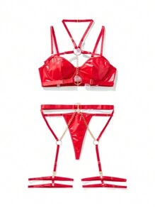 AltCore 6入組亮面金屬圓環鏈條細節吊帶襪鋼圈丁字褲內衣套裝 - 紅色 - 查看 6