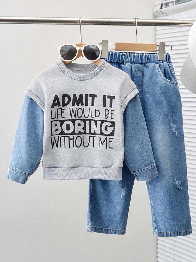 2pcs Young Boy Casual All-Match Stylish Sports Streetwear Korean Japan Minimalist Denim Effect Gray Crewneck Letter Print Sweatshirt And Denim Pants Set, Suitable For Autumn, Winter, School, Sports, Daily Wear