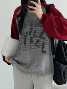 DAZY 女士休闲撞色缝线袖字母印花卫衣，秋季，长袖上衣，秋季女装 - 灰色 - 查看 4