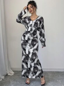 Firerie 女士V领宽松长袖水墨画图案长裙，适合秋季、教师、商务休闲、返校 - 彩色 - 查看 3