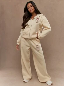 MISSGUIDED Áo hoodie có khóa kéo toàn bộ của Lifestyle Club thêu logo cổ điển thể thao Varsity thể thao thường ngày dạo phố cao cấp đồ mặc nhà thu đông đồ thể thao giải trí đồ mặc nhà - Màu be - Xem 1