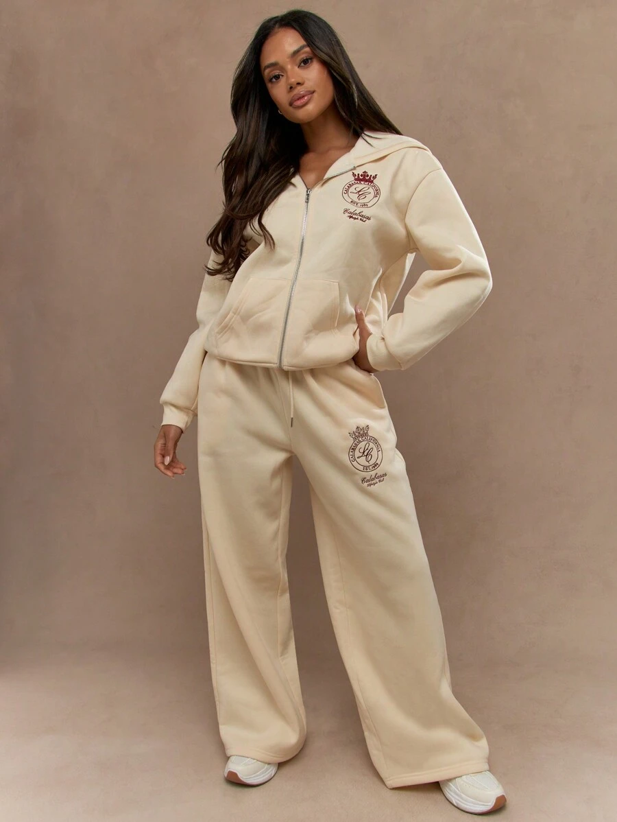 MISSGUIDED Áo hoodie có khóa kéo toàn bộ của Lifestyle Club thêu logo cổ điển thể thao Varsity thể thao thường ngày dạo phố cao cấp đồ mặc nhà thu đông đồ thể thao giải trí đồ mặc nhà - Màu be - Xem 1