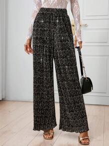 SHEIN Clasi 女式金属箔褶皱阔腿休闲裤 - 彩色 - 查看 4