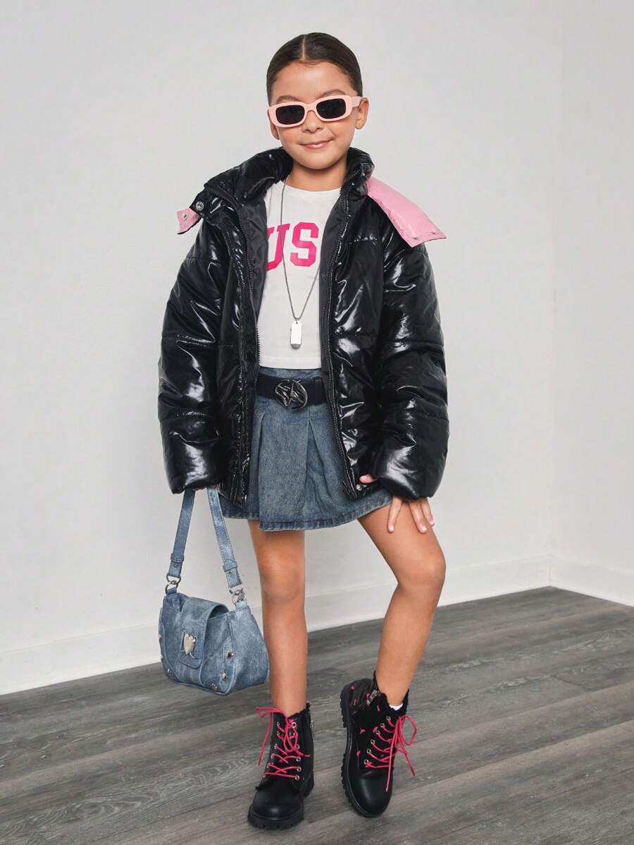 SHEIN Áo khoác đệm bóng màu đen cho bé gái tuổi mới lớn có lớp lót vải màu hồng, 2 túi, thường ngày, thu/đông - màu đen - Xem 1