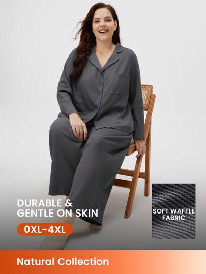 LUVLETTE Autumn And Winter Women Plus Comfortable Waffle Plaid Classic Loungewear Pajama Set With Long Sleeve Top And Pants Lounge Set Fall Pajamas Clothes