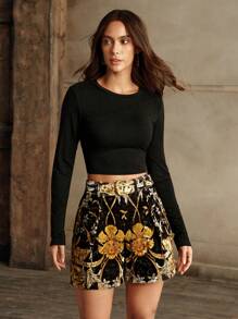 Anewsta 女式天鹅绒花卉印花短裤配腰带，复古经典花卉图案，优雅外观，秋冬 - 黑色 - 查看 5