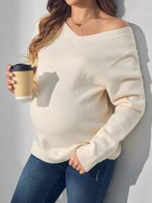 SHEIN V-Neck Long Sleeve Maternity Top With Ruffle Trim, For Winter - Apricot - View 2