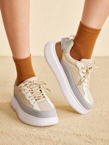 CUCCOO EASI Women Casual Sports Shoes, Leather Splicing Thick Soles, Fashionable And Unique Fall Tainers