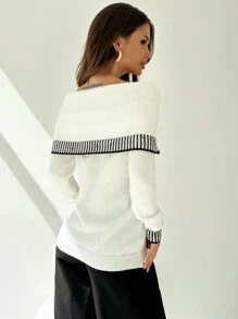 SHEIN Privé Áo len ấm áp hở vai màu tương phản cho nữ, rộng rãi, thanh lịch cho mùa thu đông - trắng - Xem 4