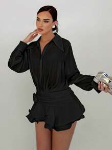 Aloruh Women's Vacation Chiffon Square Collar Ruffle Hem Short White Dress - Black - View 3