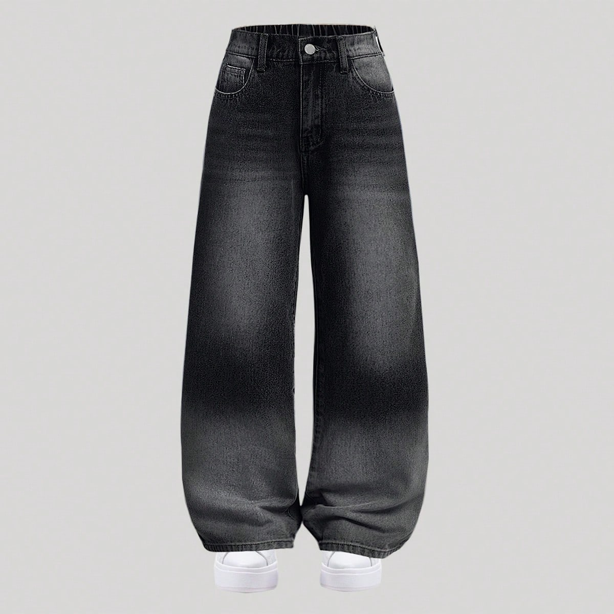 Jeans anchos de pierna ancha con lavado de bigote de gato de cintura alta estilo retro Y2K para niña preadolescente, ropa de calle para volver al col