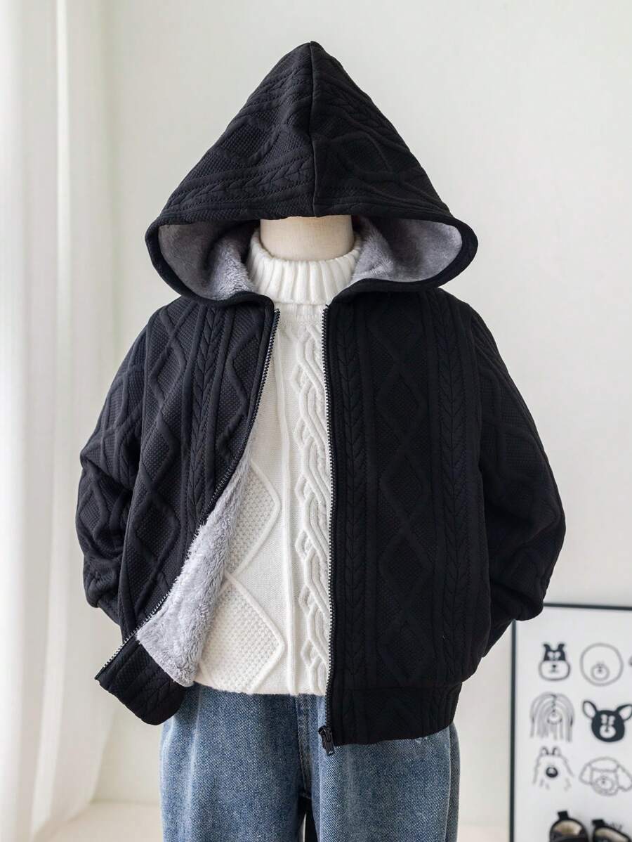 1 件年轻男孩休闲舒适带衬里连帽加厚保暖夹克保暖黑色连帽绗缝夹克,保暖夹克,适合外出、返校、生日、万圣节、圣诞节、日常聚会、秋冬季节 - 黑色 - 查看 1