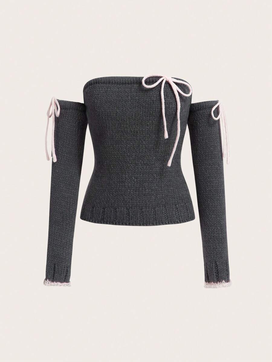 Sweetra 女士休闲撞色蝴蝶结露肩针织毛衣，秋冬针织套头衫 - 灰色 - 查看 1