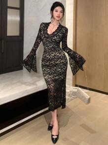 DAZY Vestido midi con cuello en V y mangas largas de encaje para mujeres, vestido de fiesta de cumpleaños, Año Nuevo y otoño, elegante - Negro - Ver 3