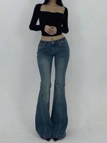 DAZY Women's Casual Distressed Flare Jeans With Slant Pockets - Medium Wash - View 6