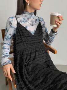 FRIFUL 女士纹理荷叶边吊带中长连衣裙