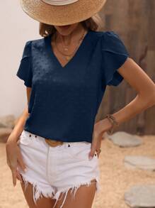 Breezaya Áo sơ mi tay cánh hoa cổ chữ V giản dị mùa hè - Màu xanh hải quân - Xem 5