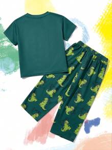 Nick 90s | SHEIN Bộ đồ ngủ mặc nhà thường ngày in hình khủng long hoạt hình cho bé trai, màu xanh ô liu - Nhiều màu - Xem 2