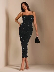 SHEIN BAE 女式无袖修身长裙，带串珠胸部细节，颜色，夏季