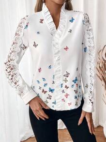 SHEIN Clasi Women Spring & Autumn Butterfly Print Contrast Lace Long Sleeve Elegant Blouse - White - View 4