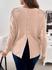 SHEIN Frenchy Plus Size Women's Spring & Autumn Elegant Contrast Lace Round Neck Long Sleeve T-Shirt - Apricot - View 2