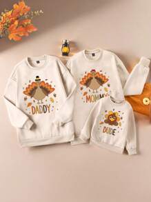 SHEIN 1pc Young Boys Casual Turkey & Maple Leaf Print Fleece Sweatshirt, Thanksgiving Family Party Outfit, Suitable For Thanksgiving Matching Outfits Mommy And Me (3pcs Sold Separately) - Khaki - View 1