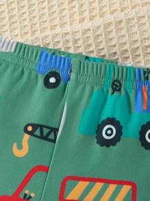 男宝宝简约风格全身印花汽车图案长袖 T 恤和裤子休闲 2 件/套家居服 - 綠色 - 查看 4