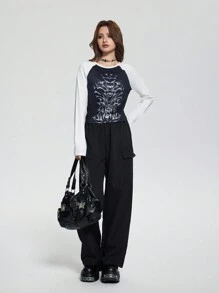 SHEIN Explorewe Set 2 bucăți: Tricou cu mânecă lungă cu mânecă raglan și pantaloni cargo casual pentru fete adolescente, primăvara vară. - Negru - Vizualizare 1