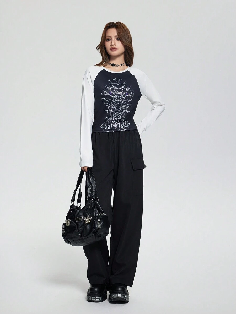 SHEIN Explorewe Set 2 bucăți: Tricou cu mânecă lungă cu mânecă raglan și pantaloni cargo casual pentru fete adolescente, primăvara vară. - Negru - Vizualizare 1