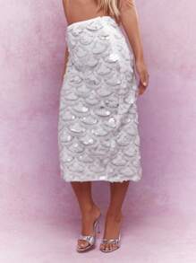 MISSGUIDED Y2K Futuristic Sequined Embellished Embroidery Pencil Midi Skirt - White - View 1