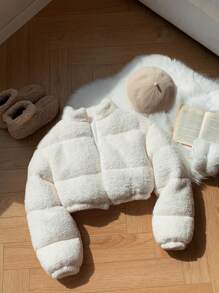 Comfortcana 女式 Sherpa Plus 羊毛厚立领短款羽绒夹克 冬季