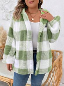 SHEIN LUNE Chaqueta gruesa con capucha de forro polar a cuadros de manga larga para mujer de talla grande para otoño/invierno - verde menta - Ver 4