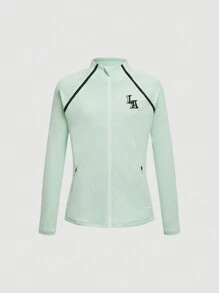 SHEIN Tween Girls Fitted Green Striped Logo Casual Sports Outdoor Street Jacket, Long Sleeve, Breathable