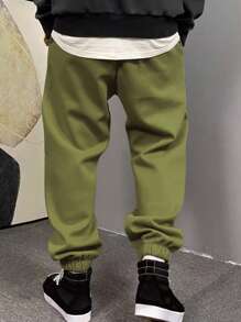 Manfinity Homme 男式抽绳腰口袋锥形宽松休闲运动裤 - 軍綠色 - 查看 3