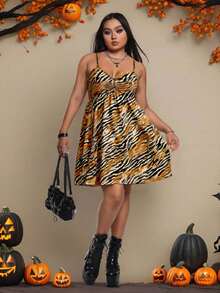 Livia Canto Studio 艺术家加大码万圣节老虎图案休闲度假优雅吊带连衣裙、节日、派对、新年前夜服装 - 彩色 - 查看 9