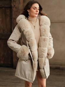Anewsta Thick Long Fluffy Fur Collar Quilted Lined Cinched Waist Parka Coat, Women's Padded Outerwear - Beige - View 1