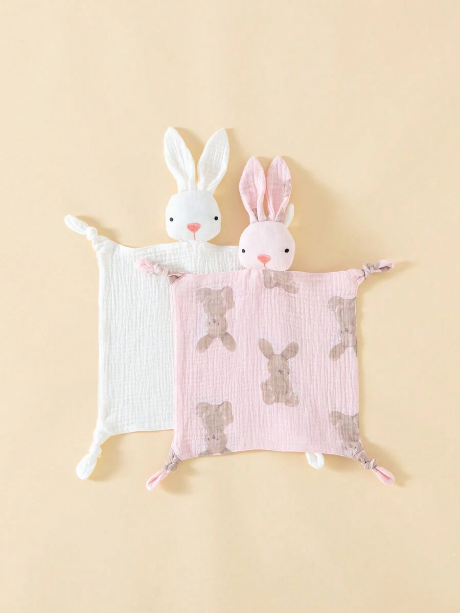 2 件套新生儿兔子图案 100% 纯棉平纹细布方巾，多功能口水围兜