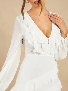 L'Amorae Elegant Chiffon Dress With Ruffled Asymmetrical Hem And Sheer Sleeves - White - View 4