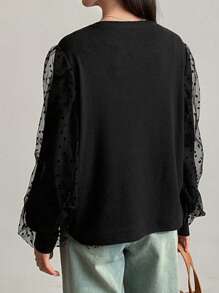 FRIFUL Women Fashion Polka Dot Mesh Contrast Black T-Shirt