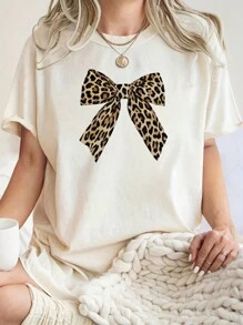 INAWLY Women's Round Neck Short Sleeve T-Shirt With Bowknot & Leopard Print Graphic Cheetah Print Tees Women Tops