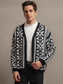 Manfinity Homme Men's Allover Print Button-Front Long Sleeve Cardigan - Black - View 5