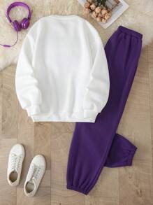 SHEIN Leap Crew Teen Girls Purple Tracksuit, Back To School, Casual Sports White And Purple Knitted Slogan Print Sweatshirt And Sweatpants Two-Piece Set - Purple - View 2