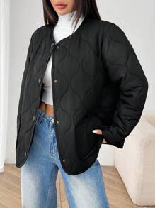 SHEIN EZwear Cardigan col rond noir et blanc pour femmes grandes tailles, doublure matelassée chaude, veste d'hiver casual pour le quotidien, l'école, les sorties