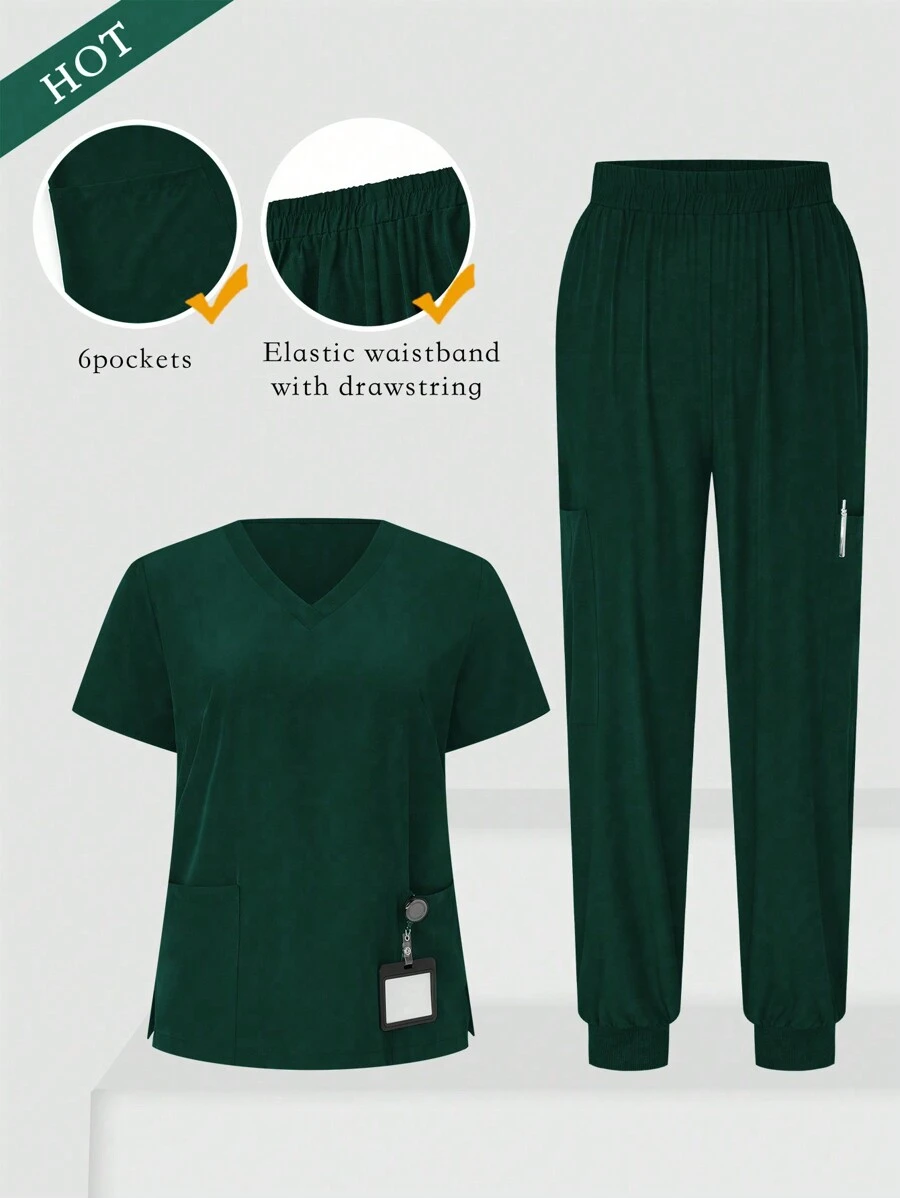 TaskEZ 2pcs Plus Size V-Neck Casual Daily Wear Summer Short Sleeve Top And Pants Set, Plus Size Uniforms & Scrubs