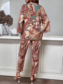 SHEIN PETITE 2件套小巧休闲印花长袖上衣和长裤套装 - 彩色 - 查看 2