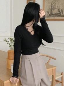 DAZY Áo len nữ cổ chữ V viền ren màu tương phản, ôm vừa vặn, áo dài tay, quần áo trở lại trường, quần áo nữ mùa thu - màu đen - Xem 3