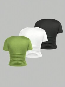 SHEIN Unity 3 件套纯色圆领修身褶皱短款 T 恤 - 彩色 - 查看 2