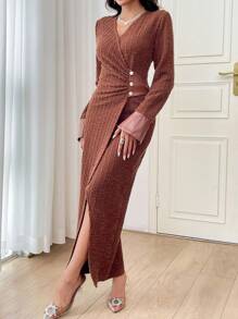 Modelyn 女士纯色 V 领交叉褶饰优雅长袖连衣裙长款晚礼服 - 咖啡棕 - 查看 6