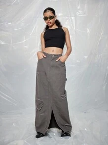 SUMWON WOMEN Maxi Length Distressed Carpenter Skirt - Black - View 4